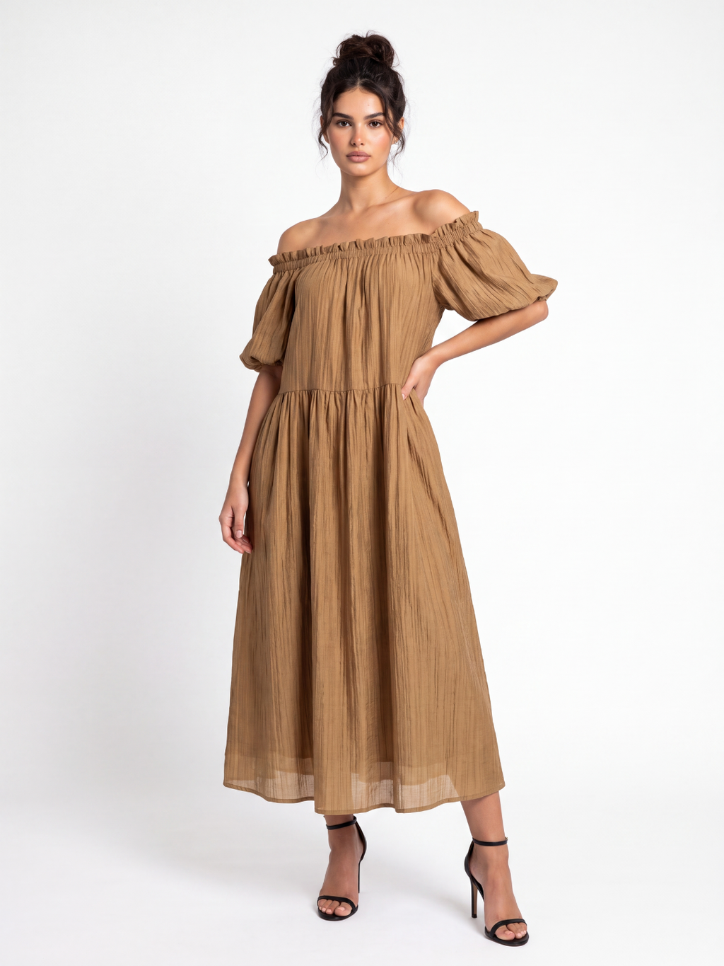 QUINTESSA Women's Off Shoulder Puff Sleeve Tiered Maxi Dress