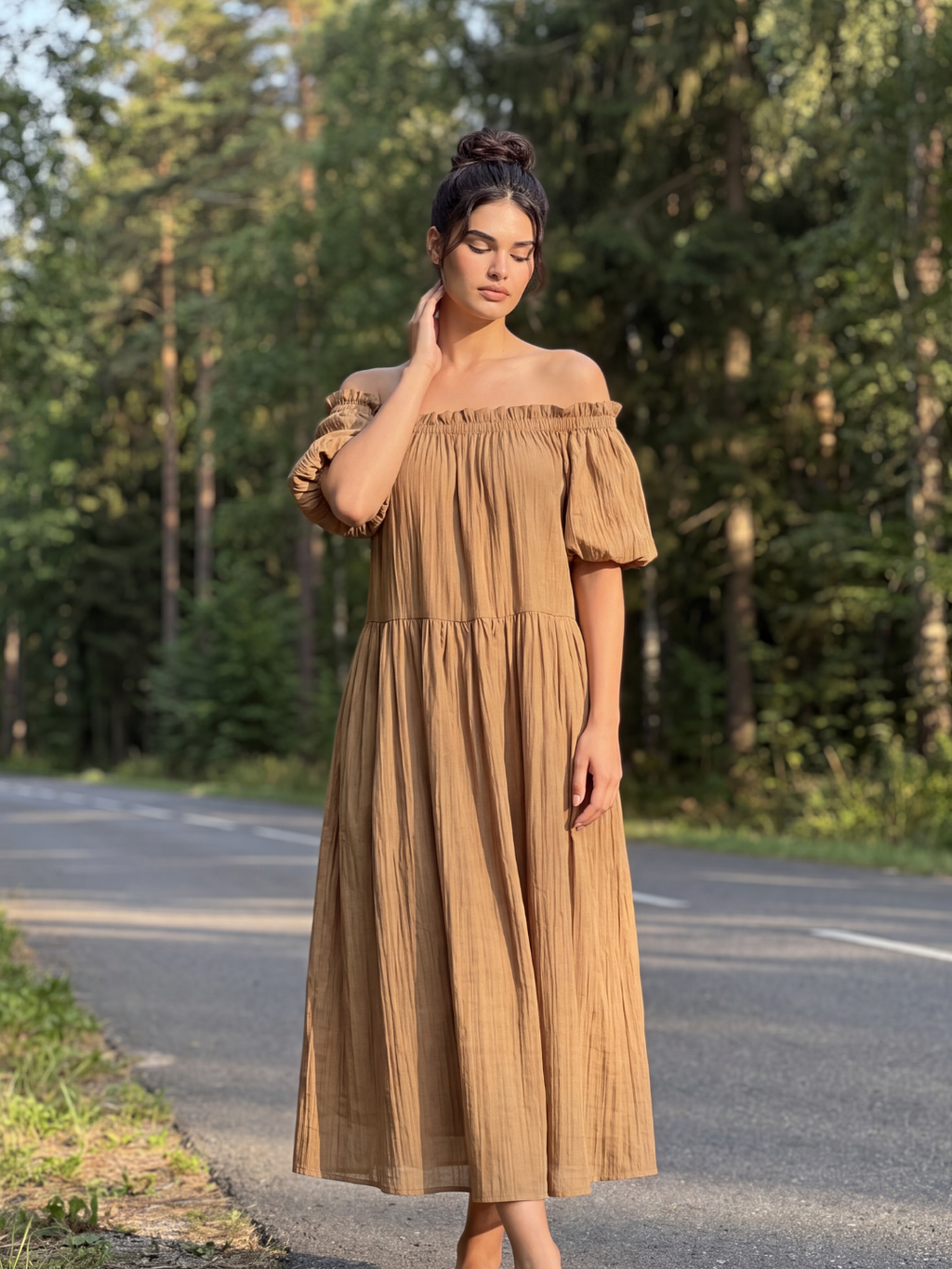 QUINTESSA Women's Off Shoulder Puff Sleeve Tiered Maxi Dress