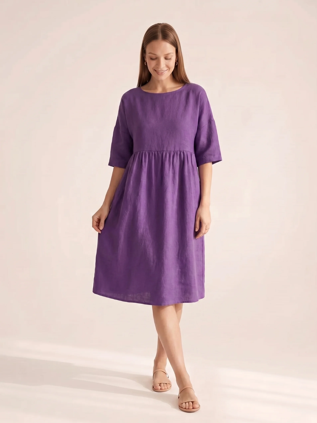 WINTRESS Women's Three-Quarter Sleeve Linen A-Line Midi Dress with Pockets