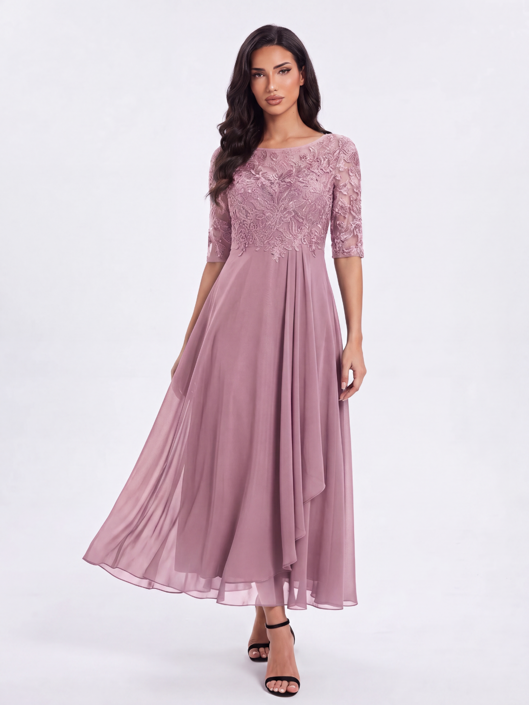 CELESTINA Women's Lace Bodice Chiffon Midi Dress