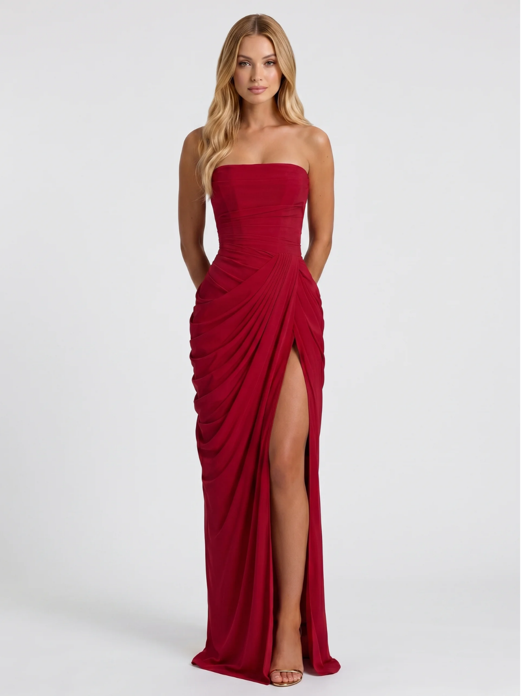 OKSANA Women's Strapless Ruched Draped-Skirt Maxi Dress with Front Slit