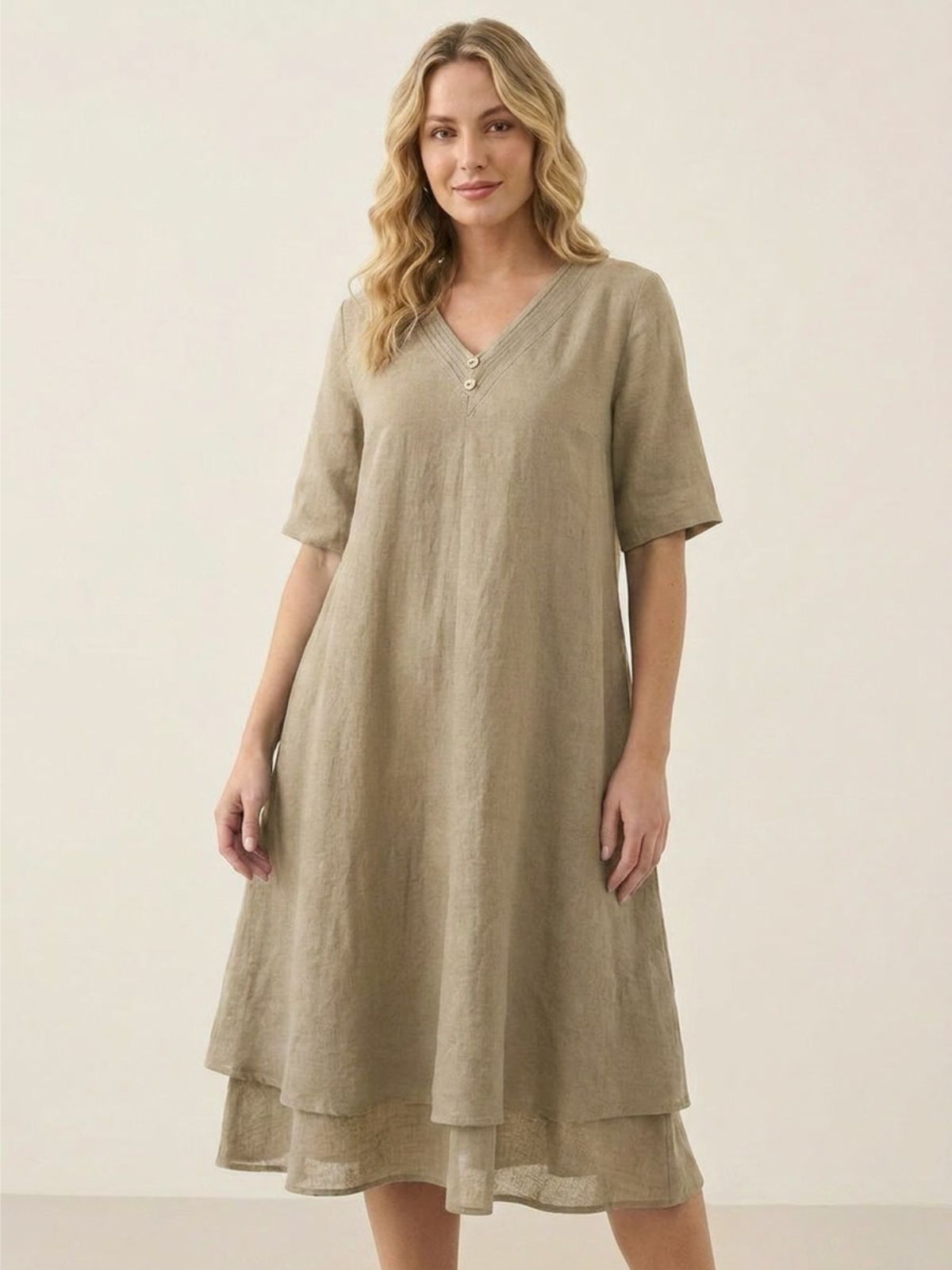 PALMA Women's Short Sleeve Linen Midi Dress with Double Layer Hem
