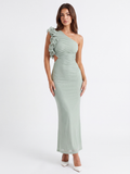 AMBERLY Women's Ruffle One-Shoulder Ruched Mesh Maxi Dress