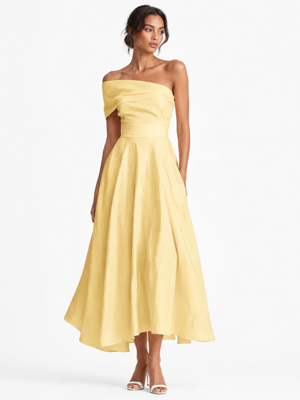 VALESKA Women's One-Shoulder Fitted Waist Linen Maxi Dress