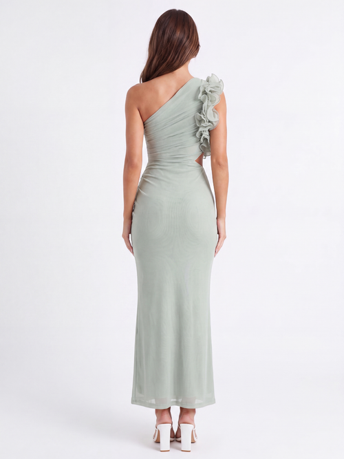 AMBERLY Women's Ruffle One-Shoulder Ruched Mesh Maxi Dress