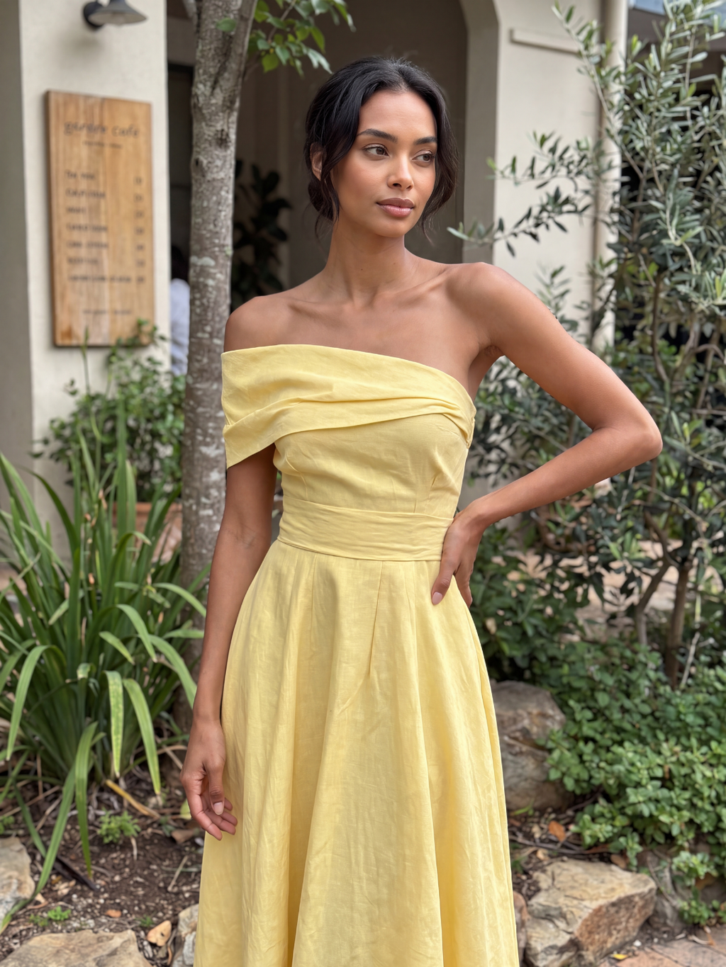 VALESKA Women's One-Shoulder Fitted Waist Linen Maxi Dress