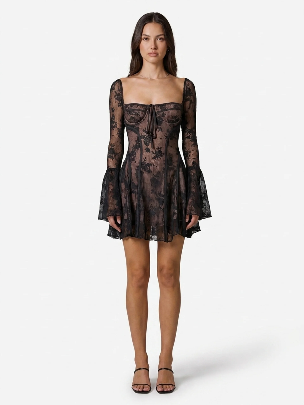 XIOMARA Women's Long Sleeve Lace Corset Mini Dress