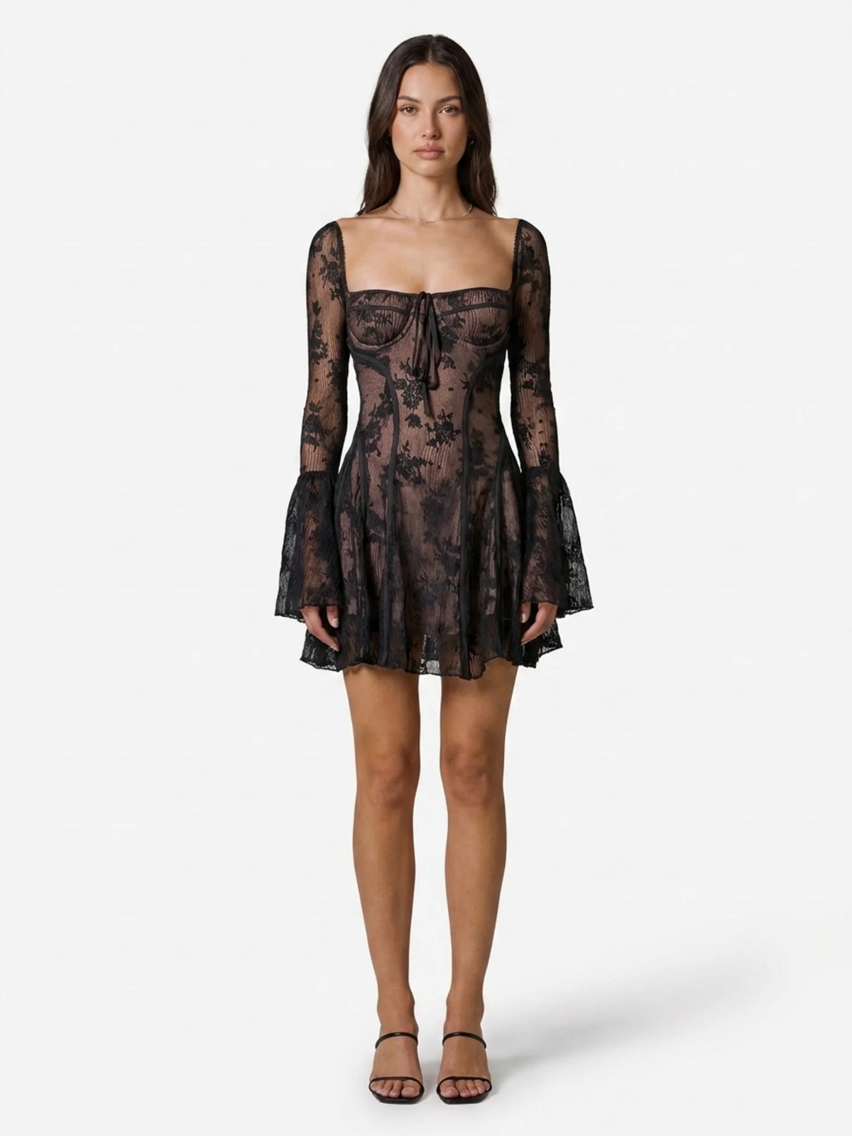 XIOMARA Women's Long Sleeve Lace Corset Mini Dress