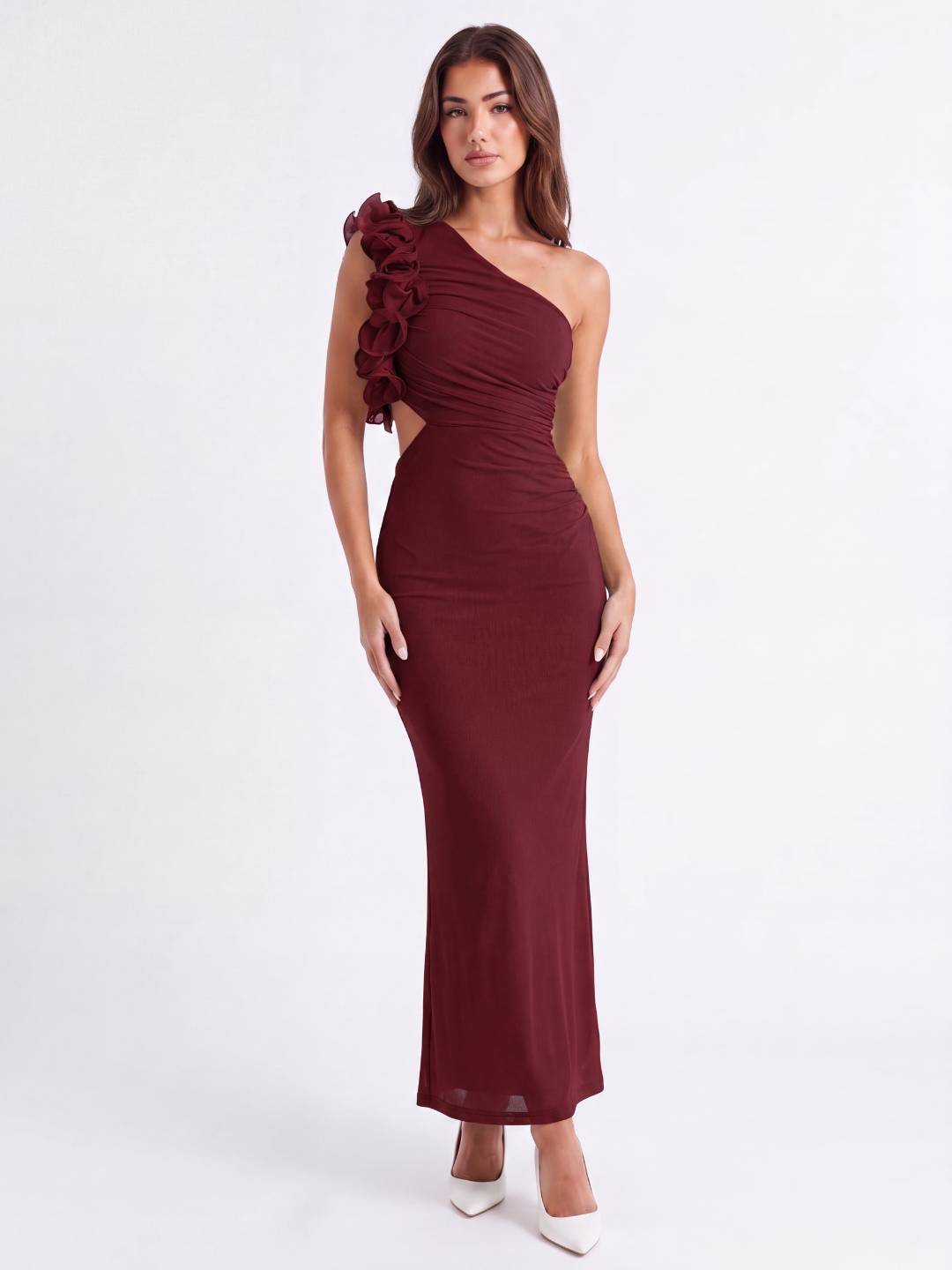 AMBERLY Women's Ruffle One-Shoulder Ruched Mesh Maxi Dress