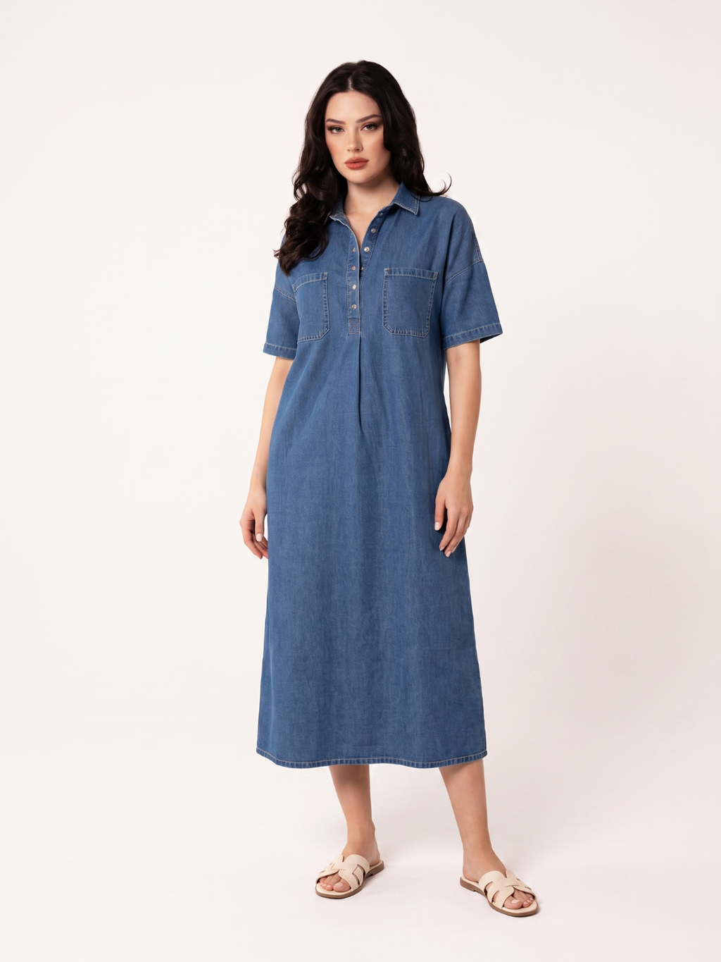 ILYRIA Women's Short Sleeve Polo Collar Denim Midi Dress
