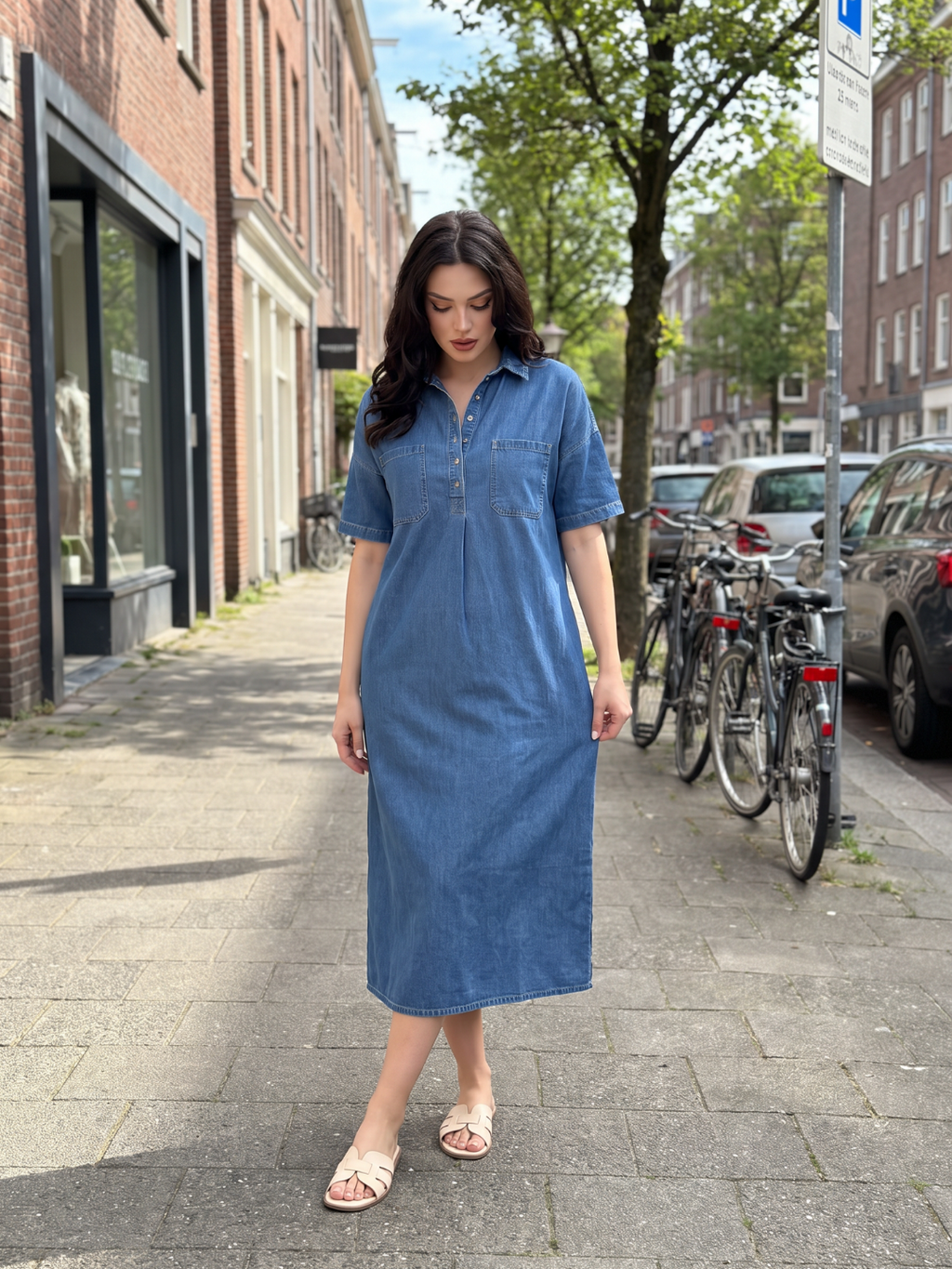 ILYRIA Women's Short Sleeve Polo Collar Denim Midi Dress
