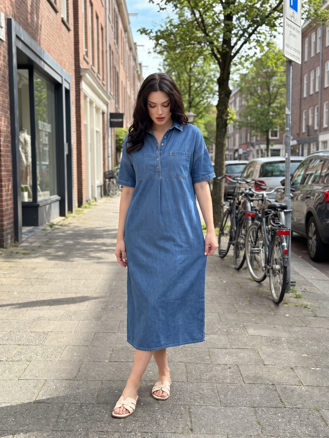 ILYRIA Women's Short Sleeve Polo Collar Denim Midi Dress