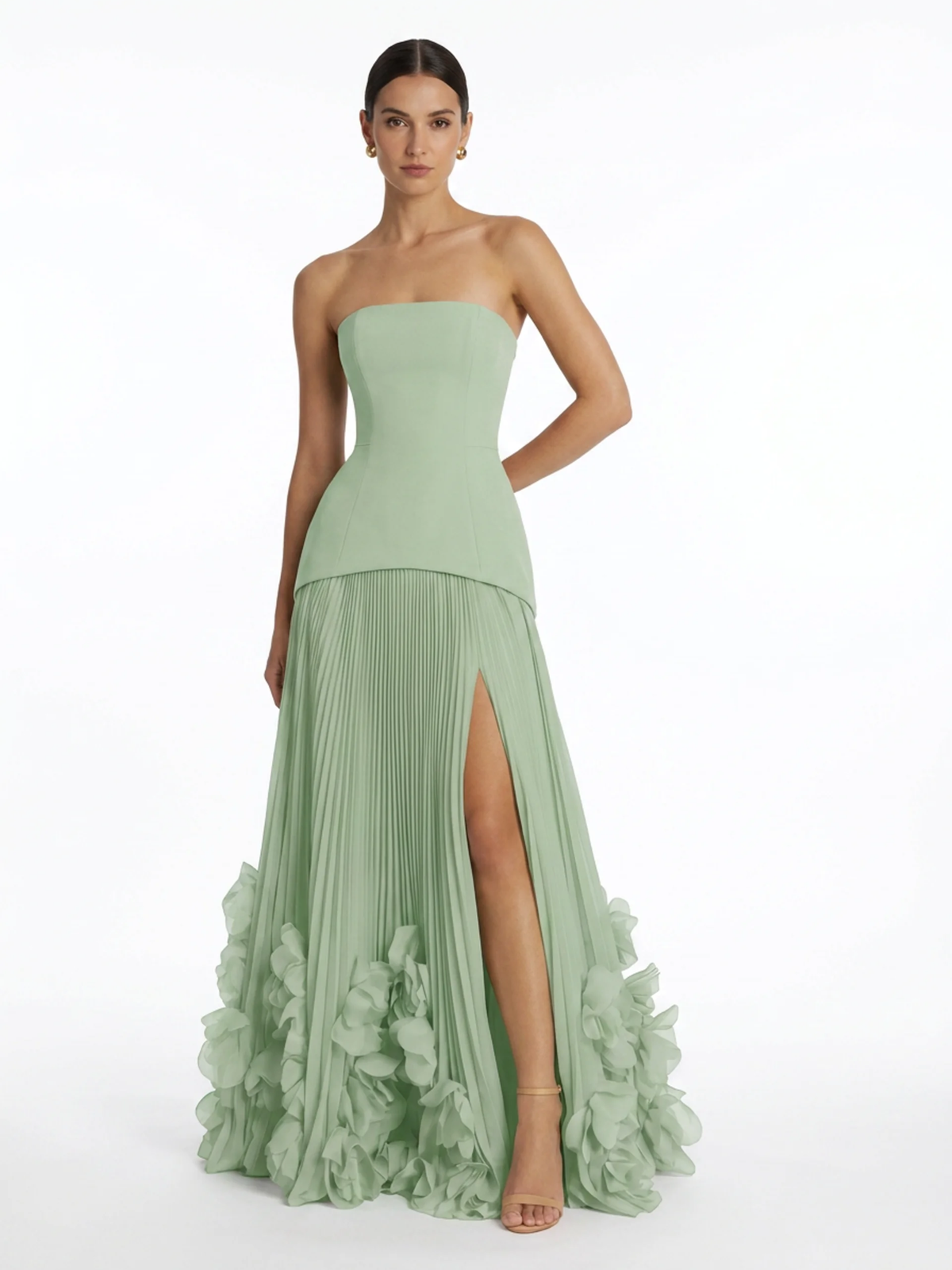 LADONNA Women's Strapless Pleated Maxi Dress with 3D Floral Hem