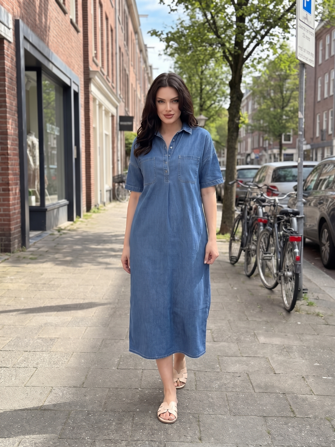 ILYRIA Women's Short Sleeve Polo Collar Denim Midi Dress