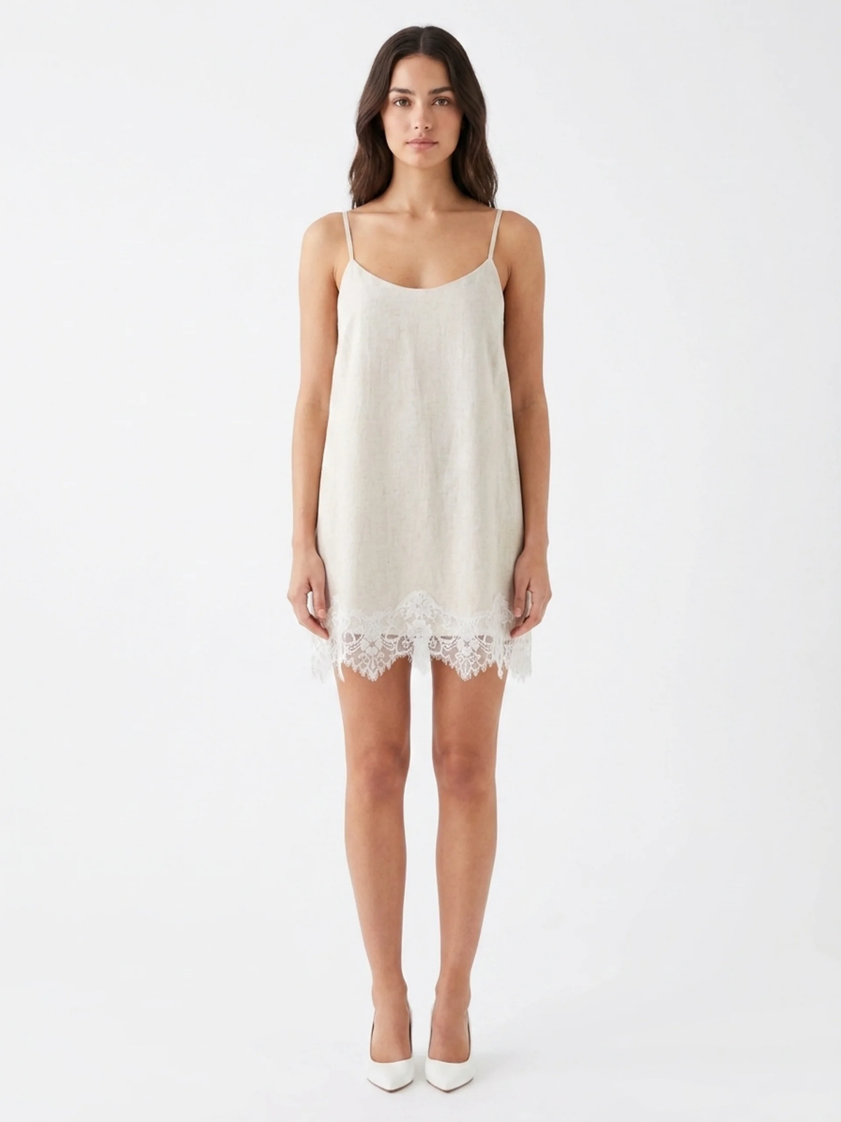 ROSETTA Women's Spaghetti Strap Lace Trim Linen Slip Dress