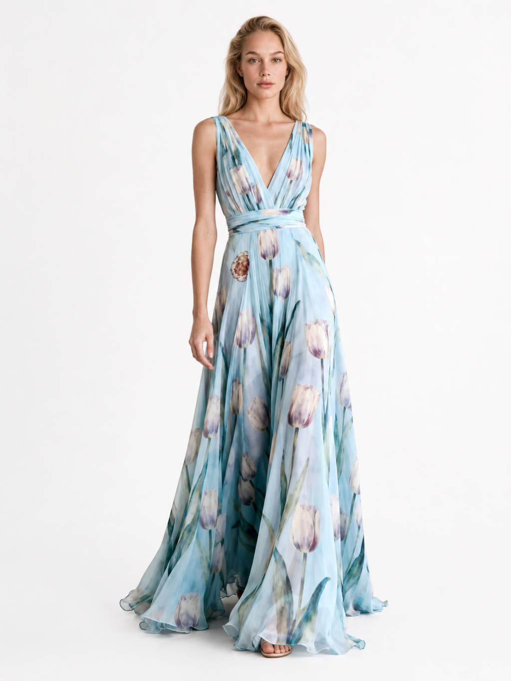QUENBY Women's Floral V-Neck Chiffon Maxi Dress