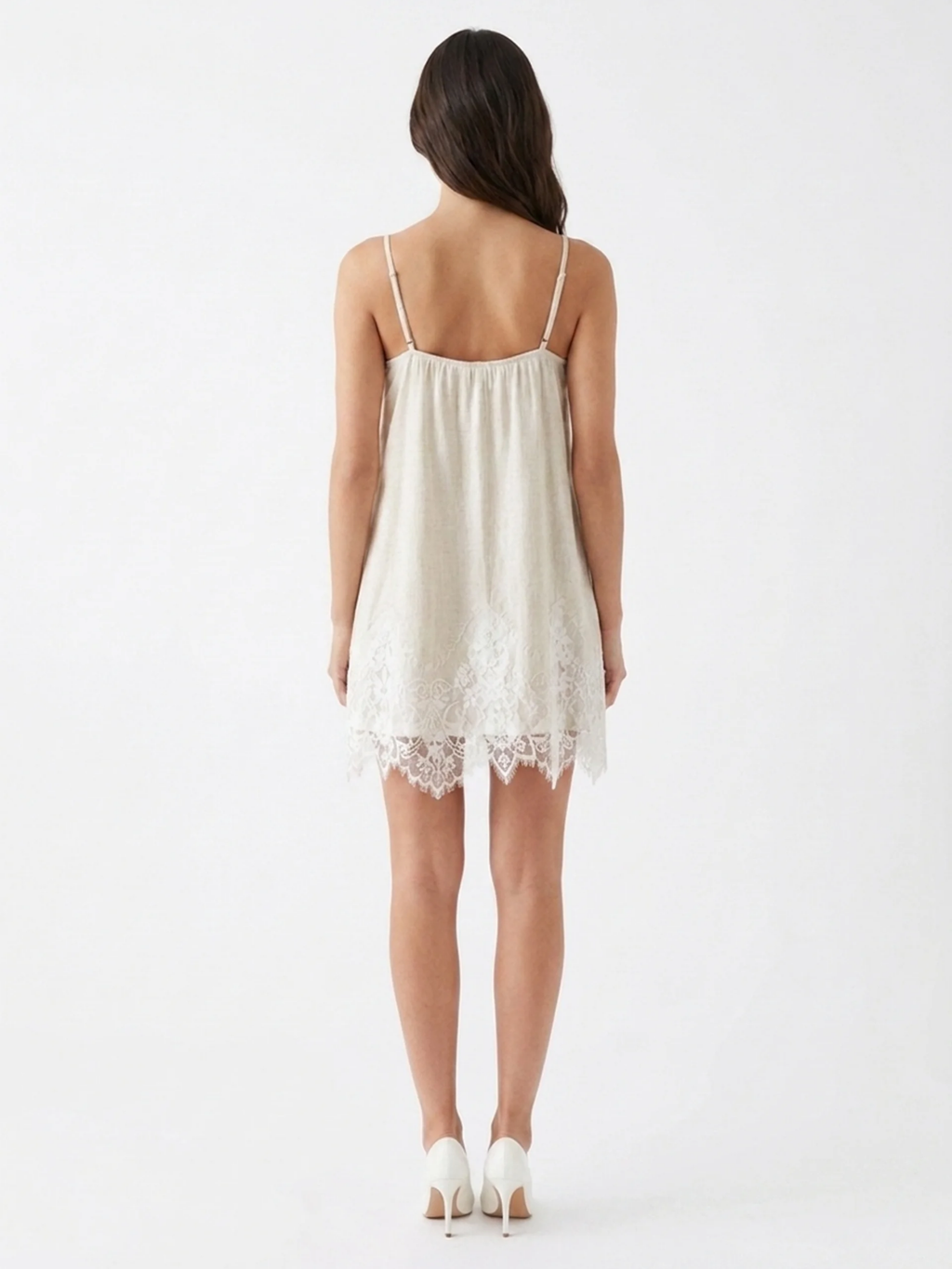 ROSETTA Women's Spaghetti Strap Lace Trim Linen Slip Dress