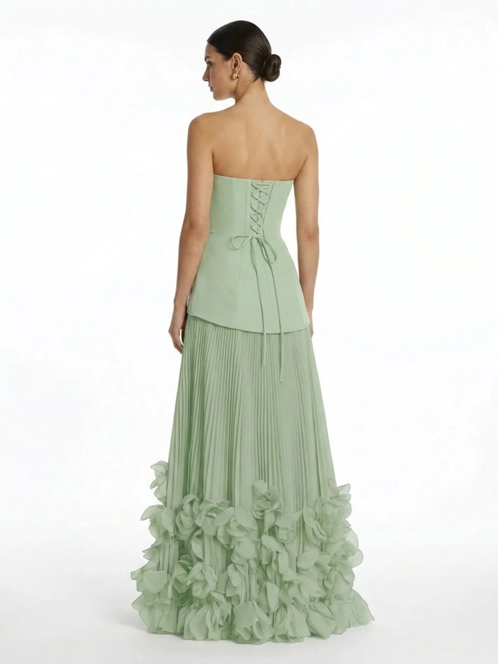LADONNA Women's Strapless Pleated Maxi Dress with 3D Floral Hem
