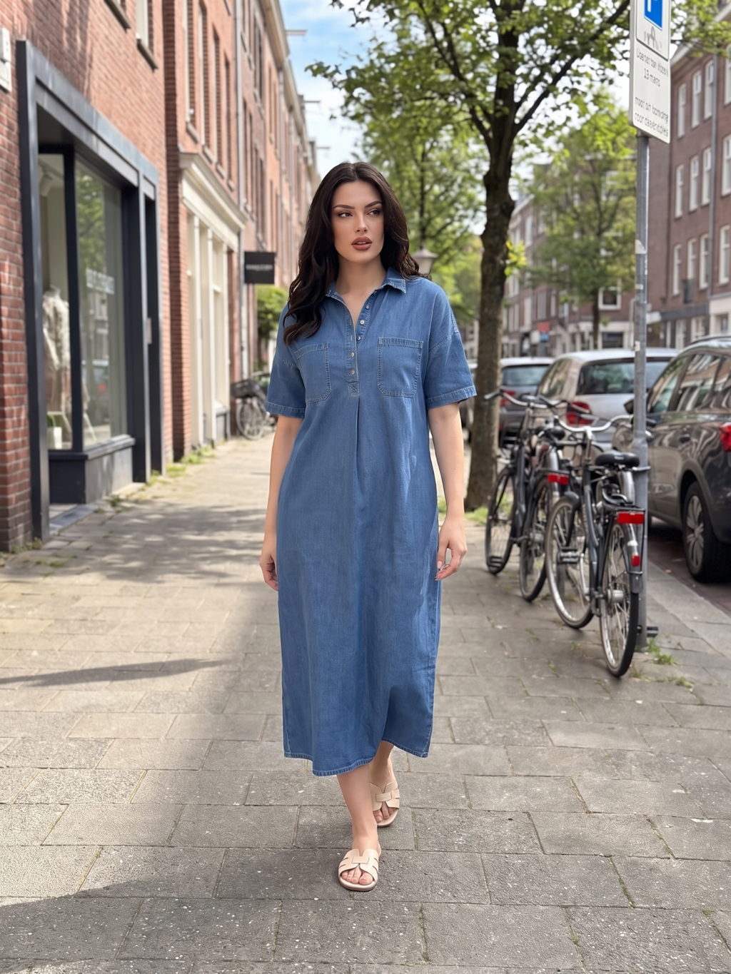 ILYRIA Women's Short Sleeve Polo Collar Denim Midi Dress