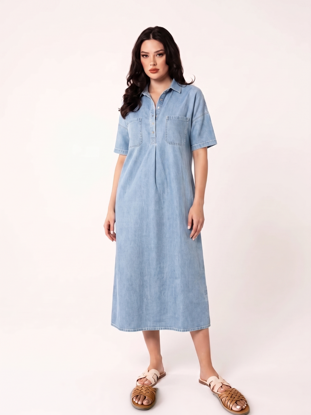 ILYRIA Women's Short Sleeve Polo Collar Denim Midi Dress