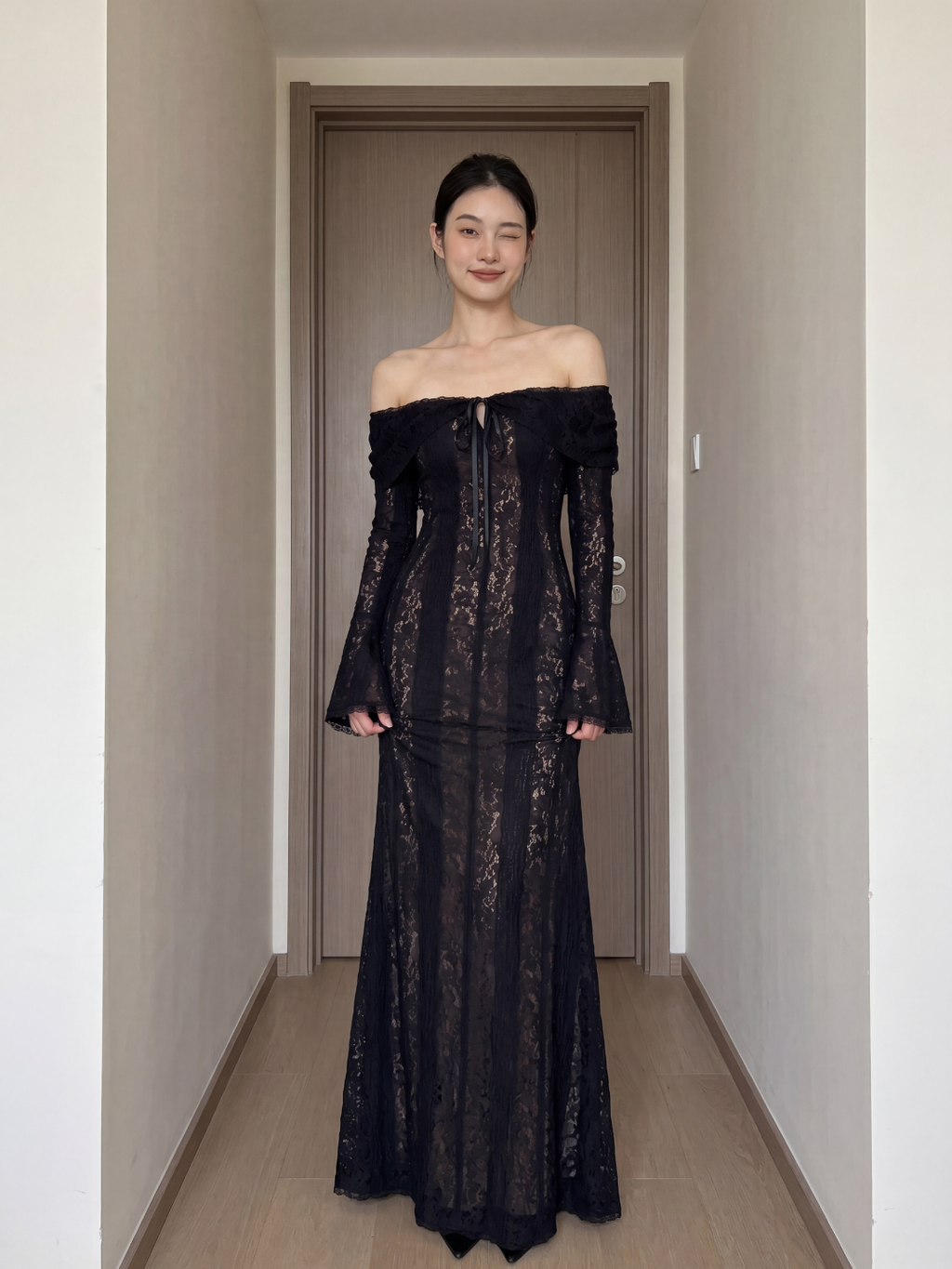 ORIANNA Women's Off-Shoulder Lace Maxi Dress with Godet Skirt