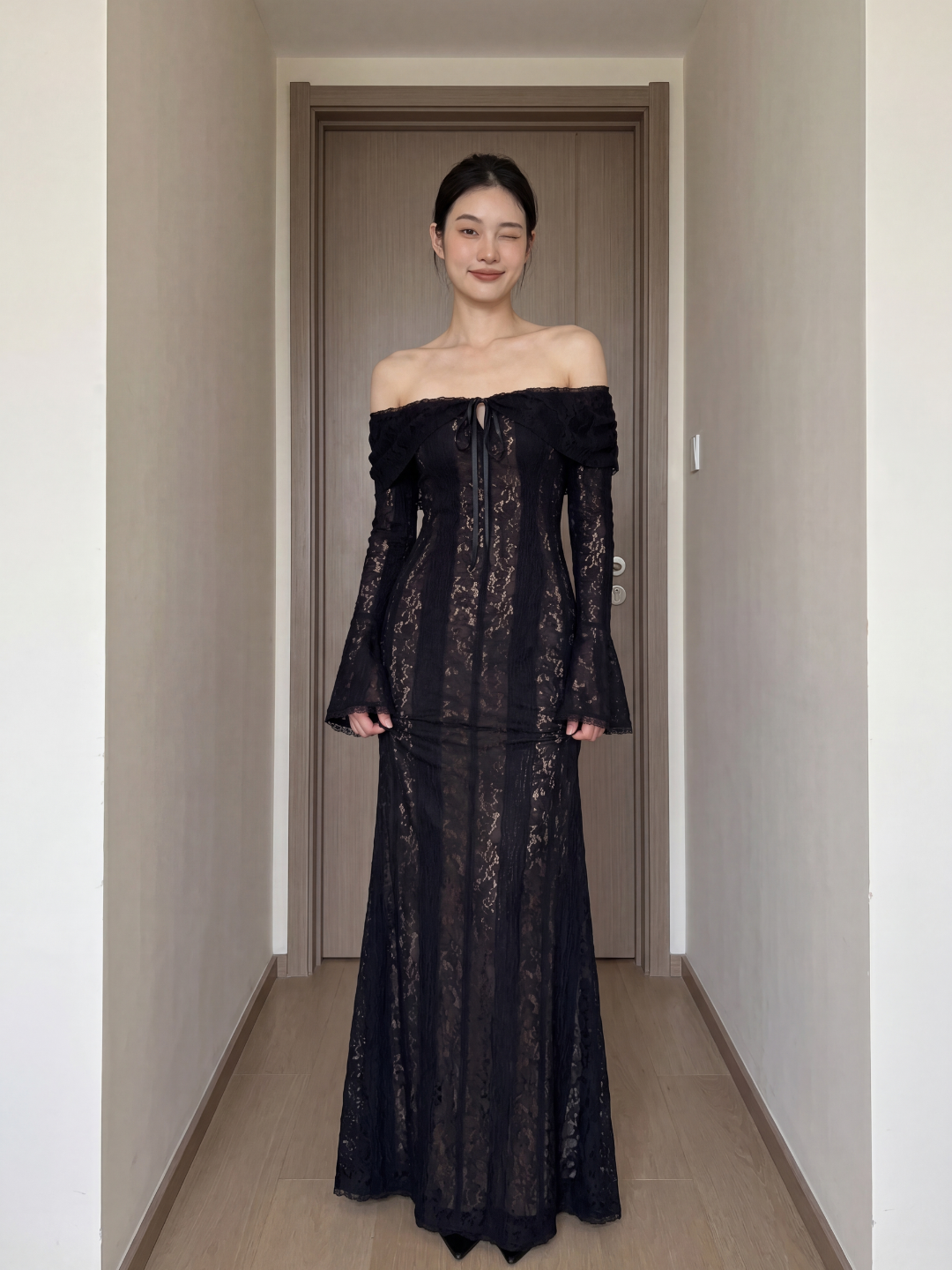 ORIANNA Women's Off-Shoulder Lace Maxi Dress with Godet Skirt