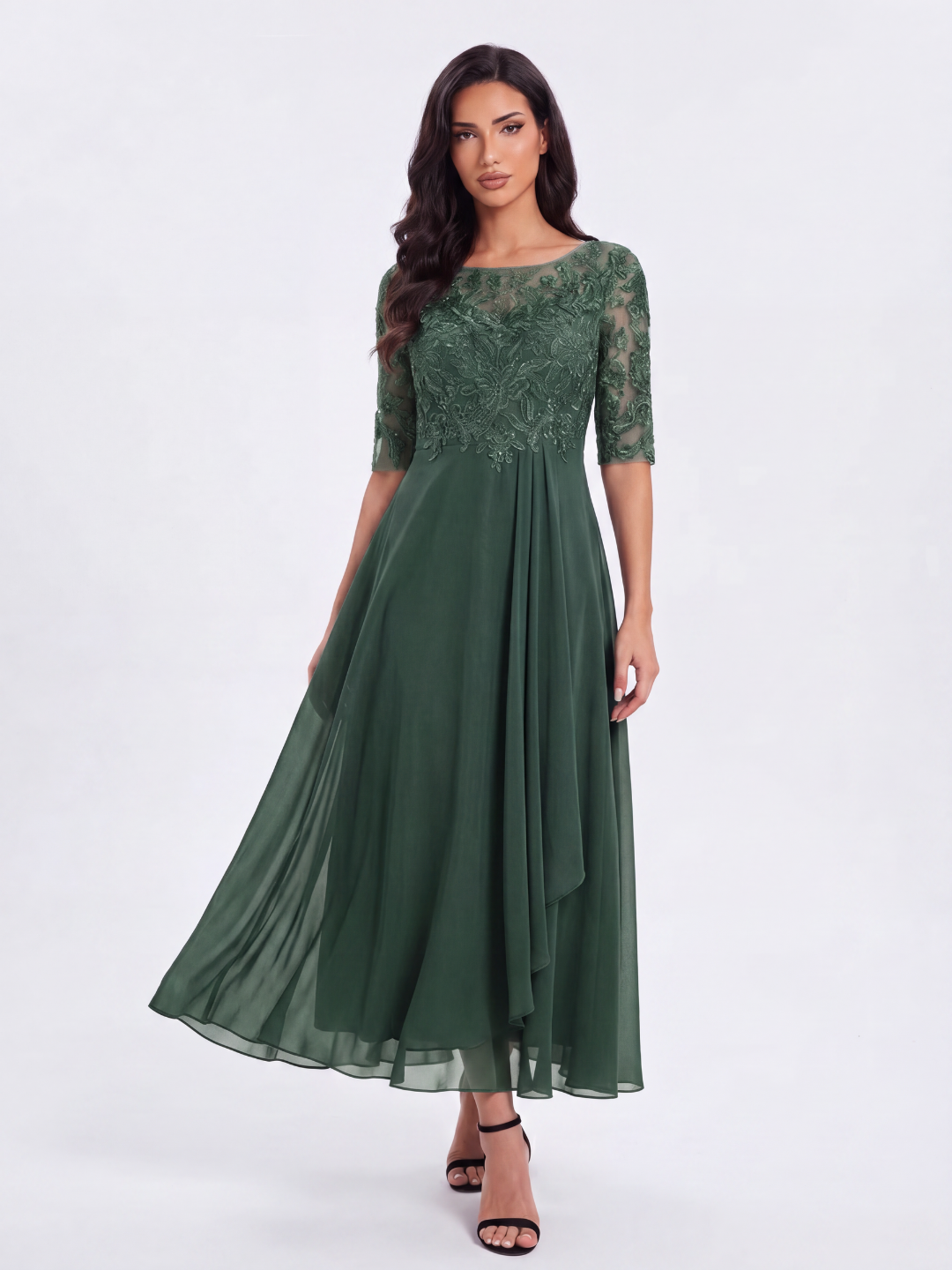 CELESTINA Women's Lace Bodice Chiffon Midi Dress