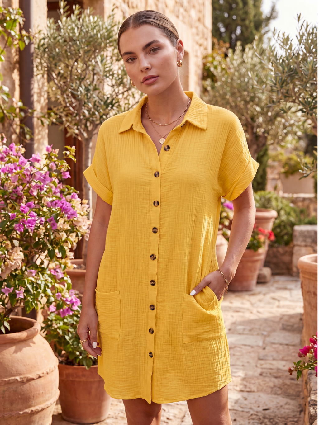 OONA Women's Short-Sleeve Linen Button-Down Shirt Dress with Pockets