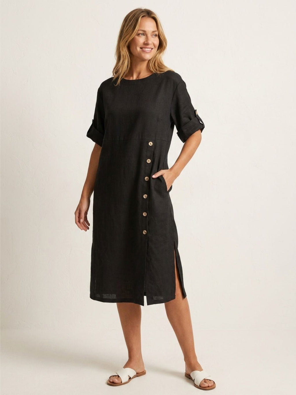 FENNIMORE Women's Linen Midi Dress with Button Detail and Roll-Tab Sleeves