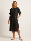 FENNIMORE Women's Linen Midi Dress with Button Detail and Roll-Tab Sleeves