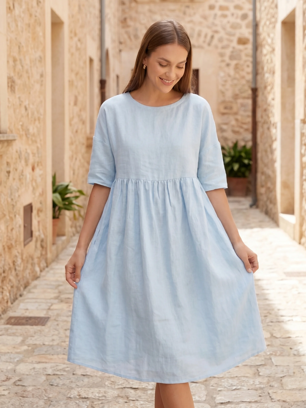 WINTRESS Women's Three-Quarter Sleeve Linen A-Line Midi Dress with Pockets