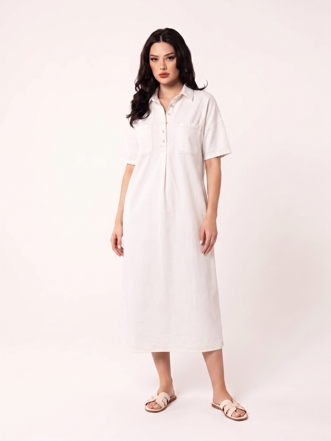 ILYRIA Women's Short Sleeve Polo Collar Denim Midi Dress