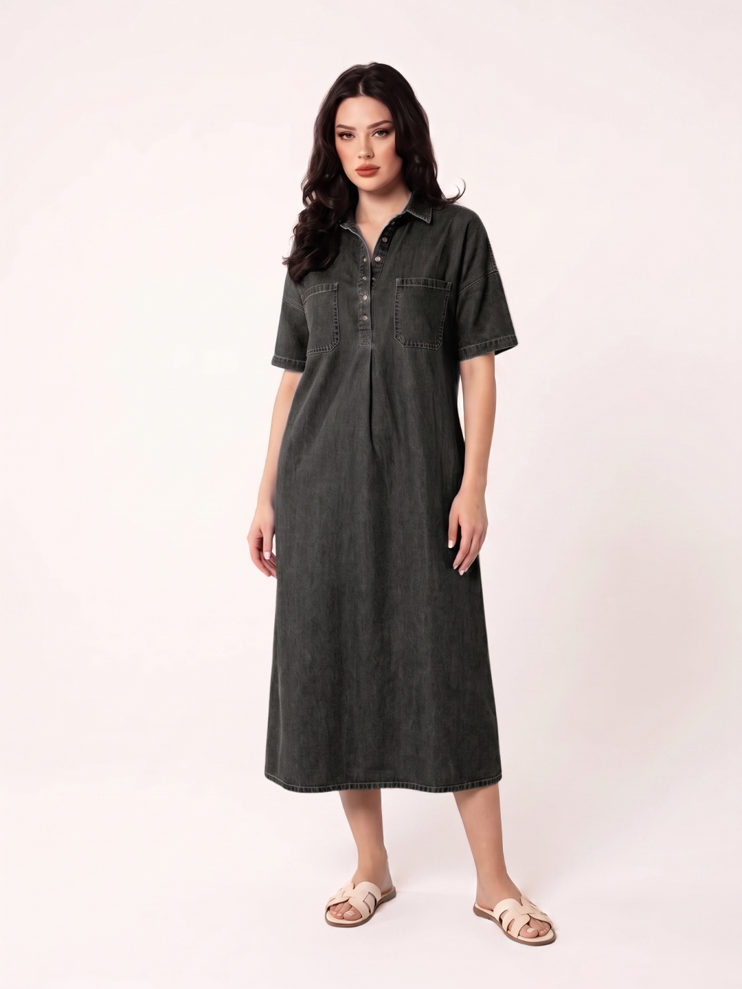 ILYRIA Women's Short Sleeve Polo Collar Denim Midi Dress