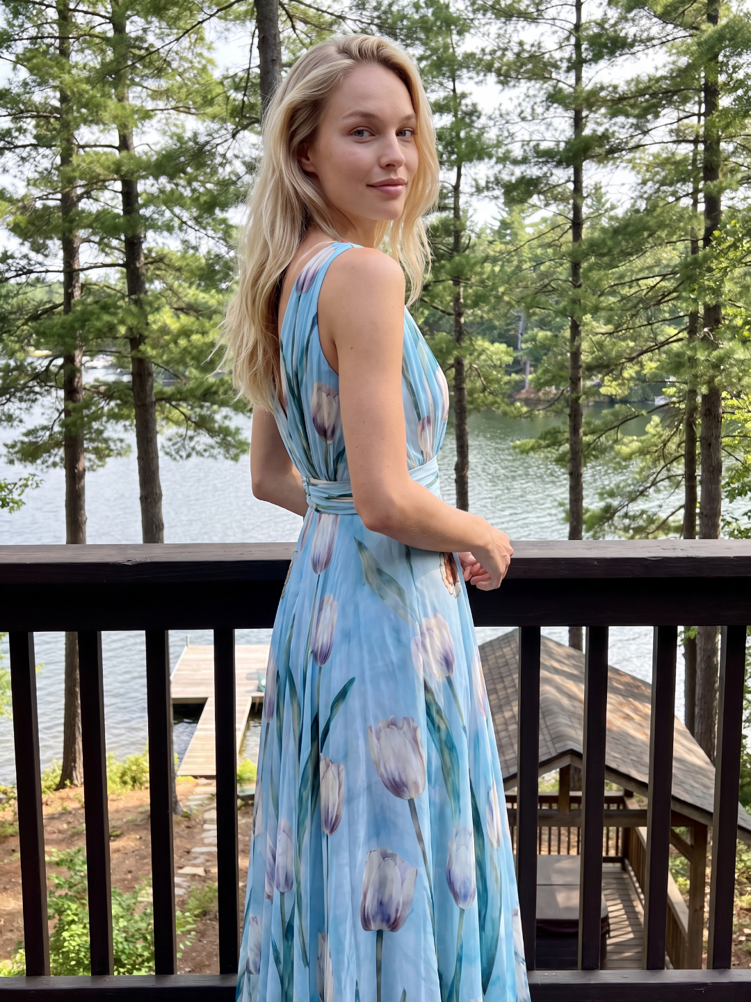 QUENBY Women's Floral V-Neck Chiffon Maxi Dress