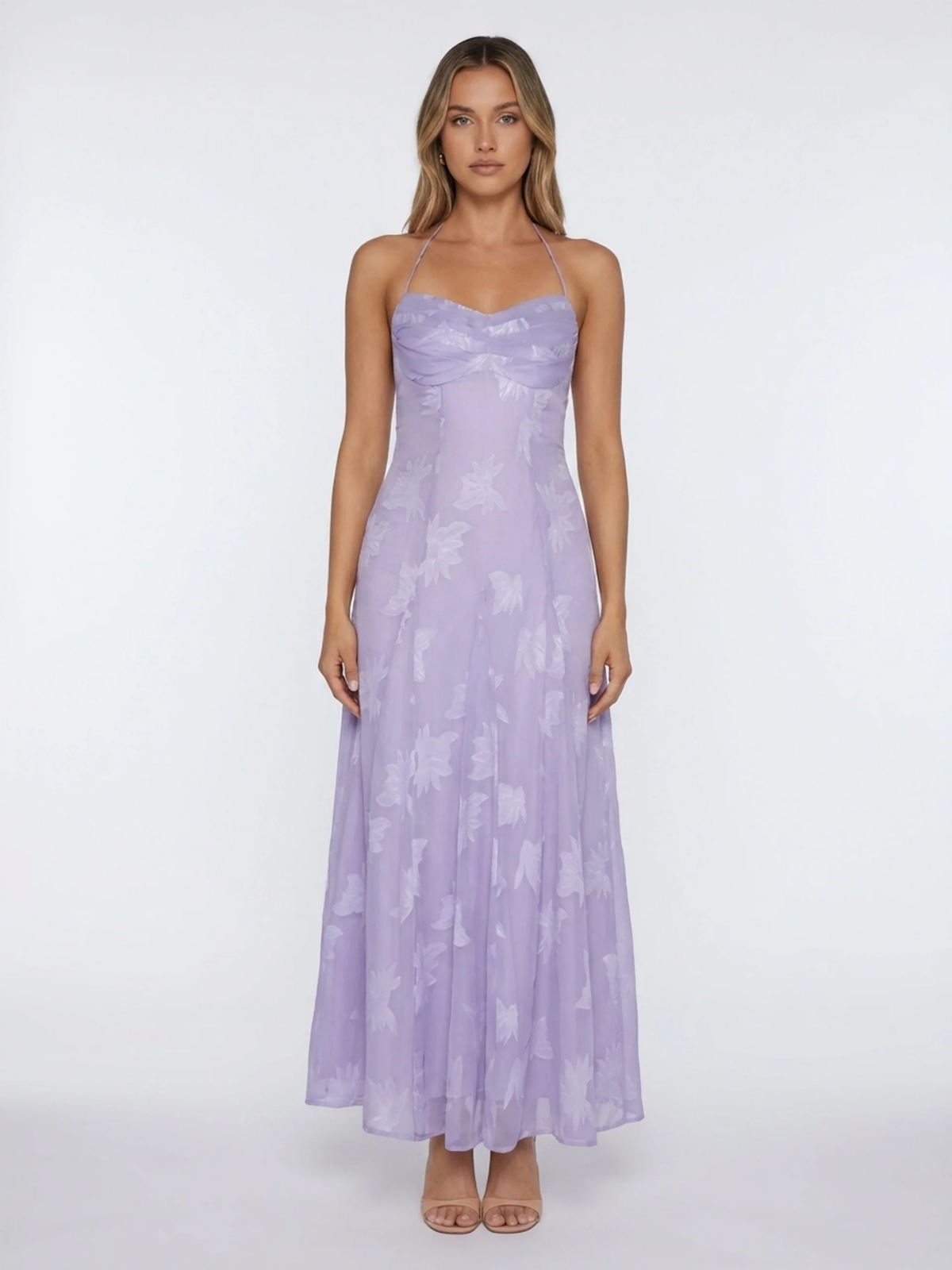 ROSARIAN Women's Halter Floral Maxi Dress with Pleated Bodice