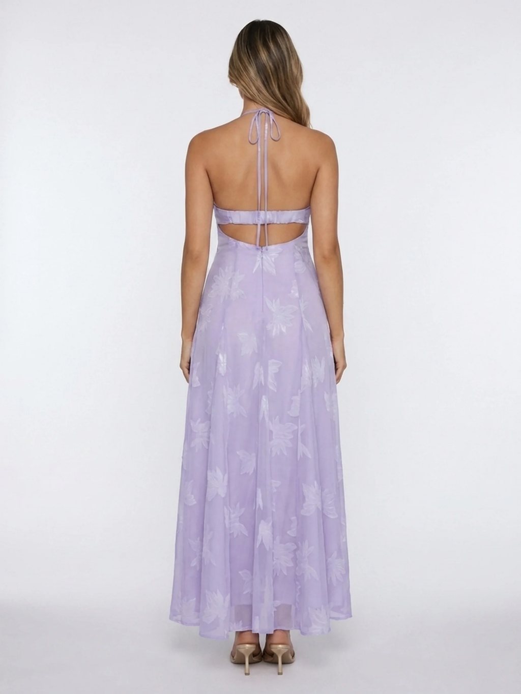 ROSARIAN Women's Halter Floral Maxi Dress with Pleated Bodice