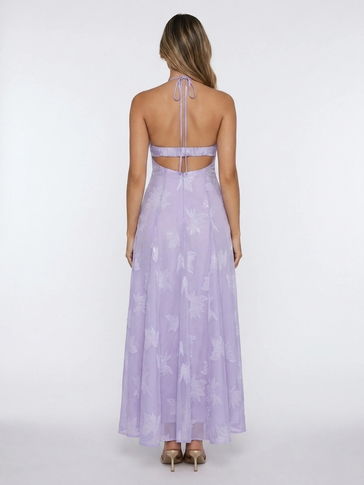 ROSARIAN Women's Halter Floral Maxi Dress with Pleated Bodice