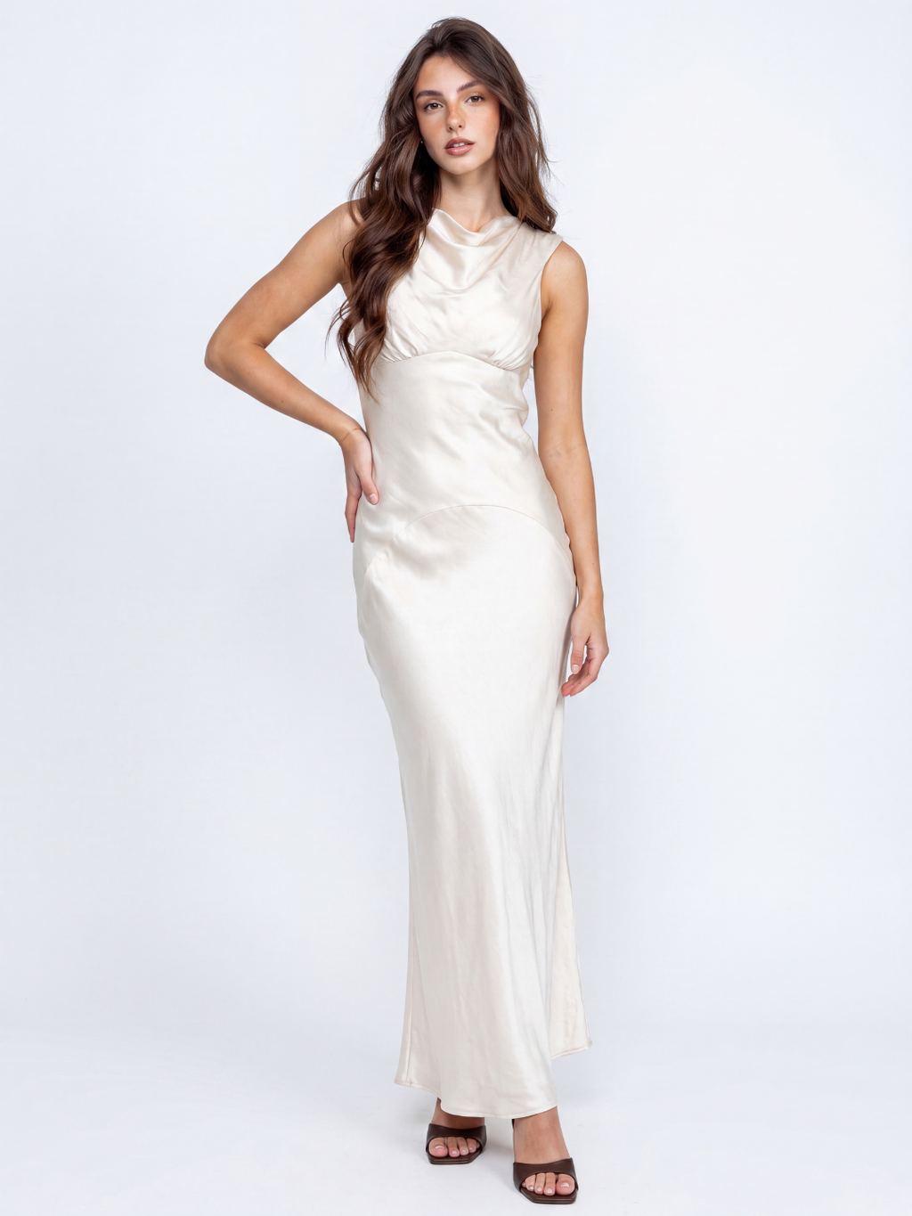 YSEULT Women's Cowl Neck Open-Back Satin Maxi Dress