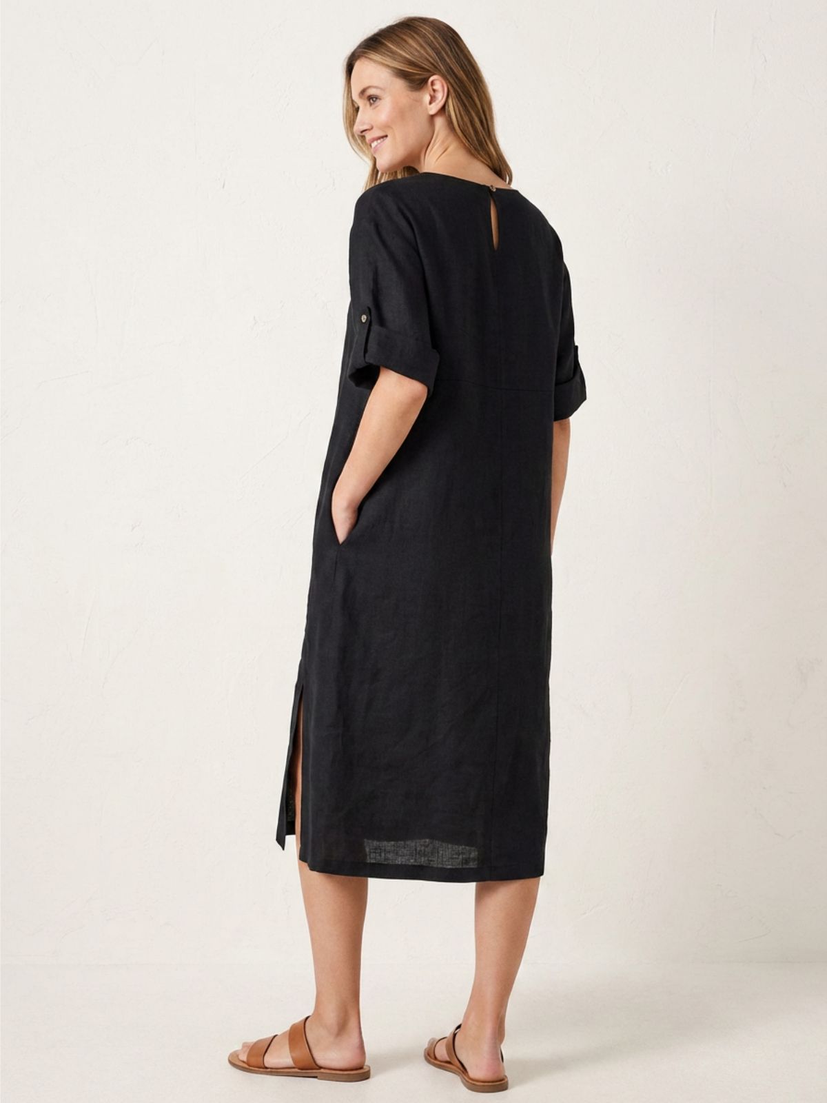 FENNIMORE Women's Linen Midi Dress with Button Detail and Roll-Tab Sleeves