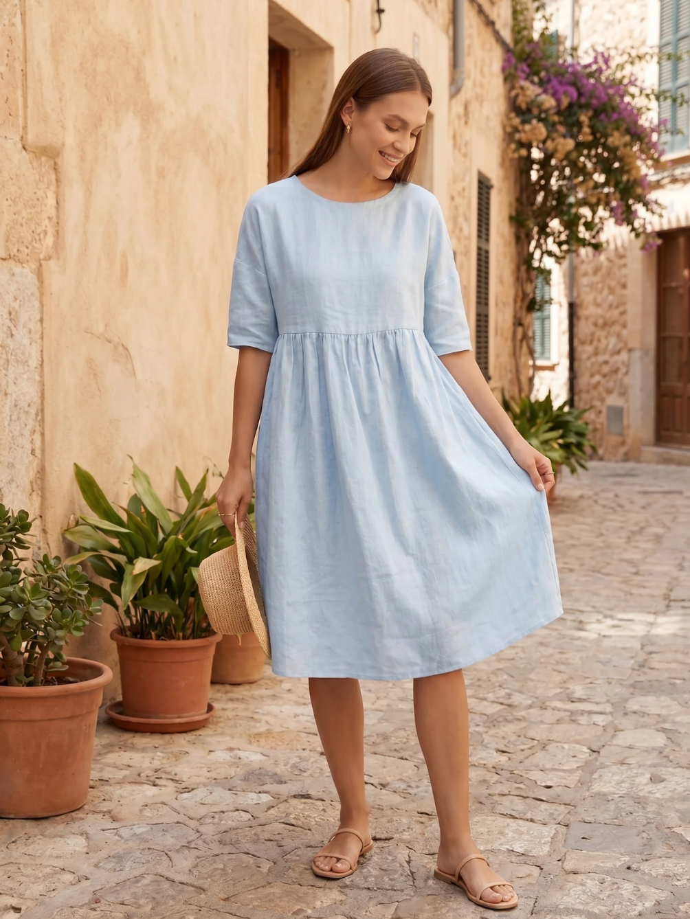 WINTRESS Women's Three-Quarter Sleeve Linen A-Line Midi Dress with Pockets