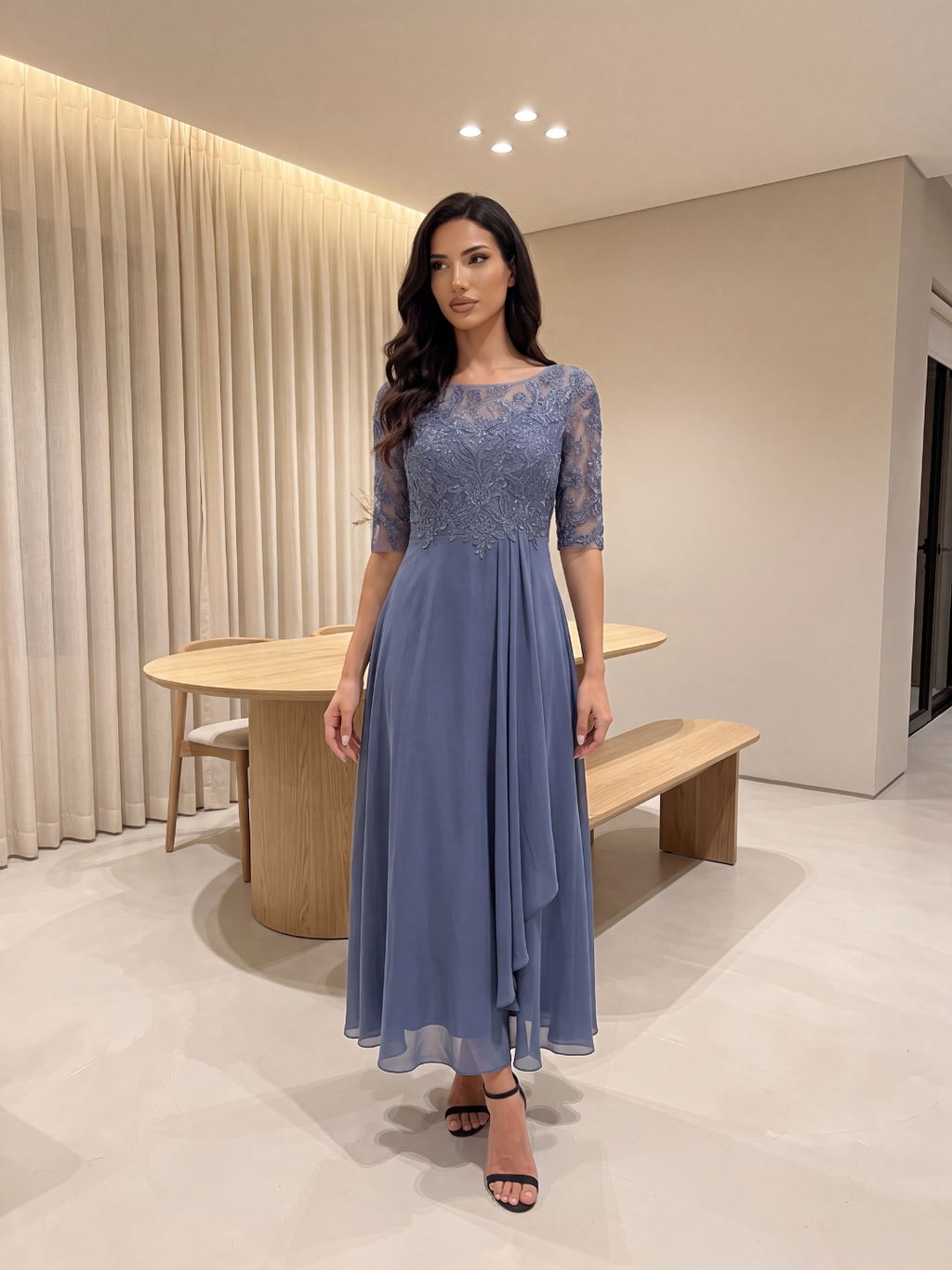 CELESTINA Women's Lace Bodice Chiffon Midi Dress