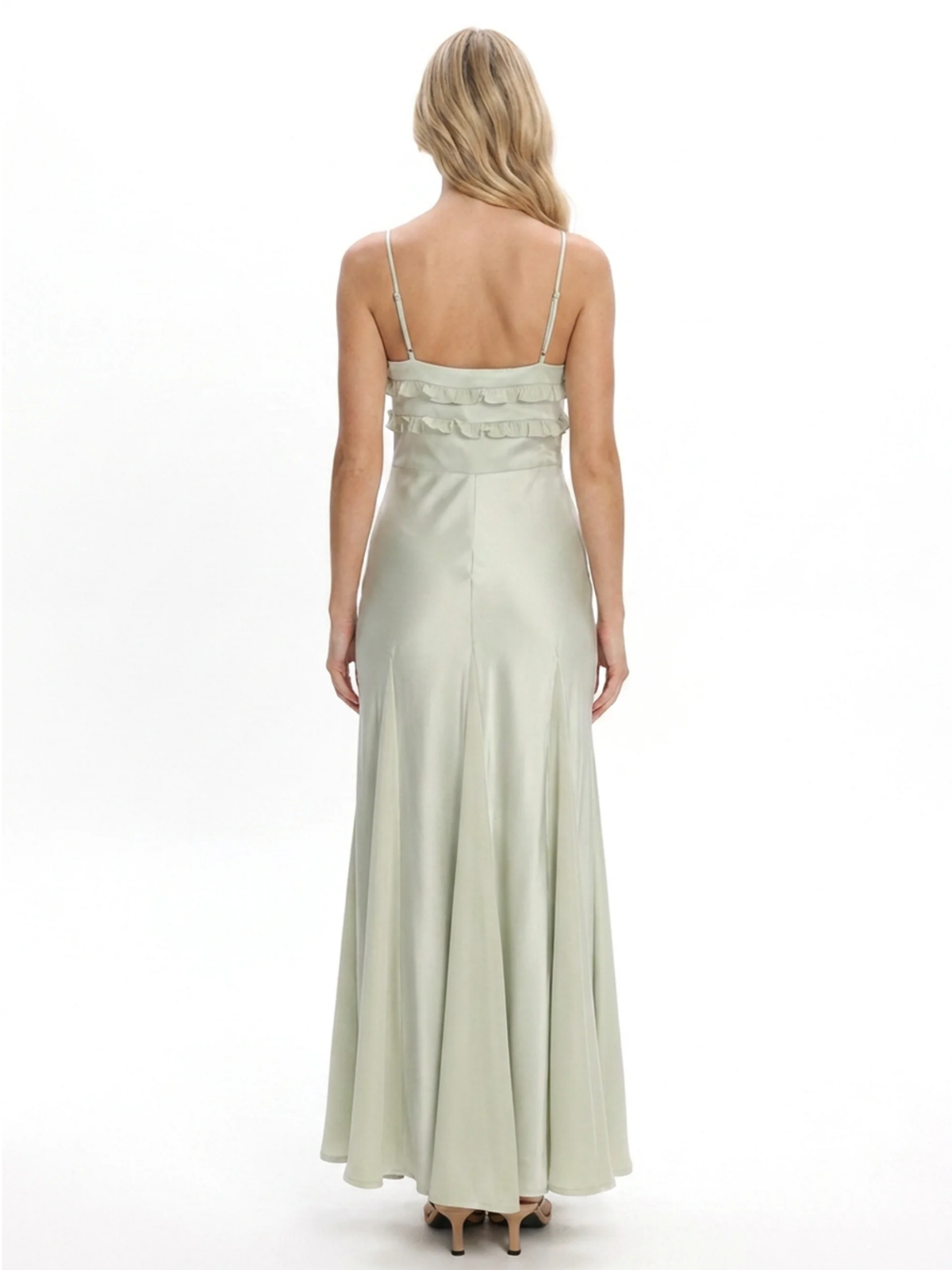 VESPERA Women's Frill-Trim V-Neck Godet Maxi Slip Dress