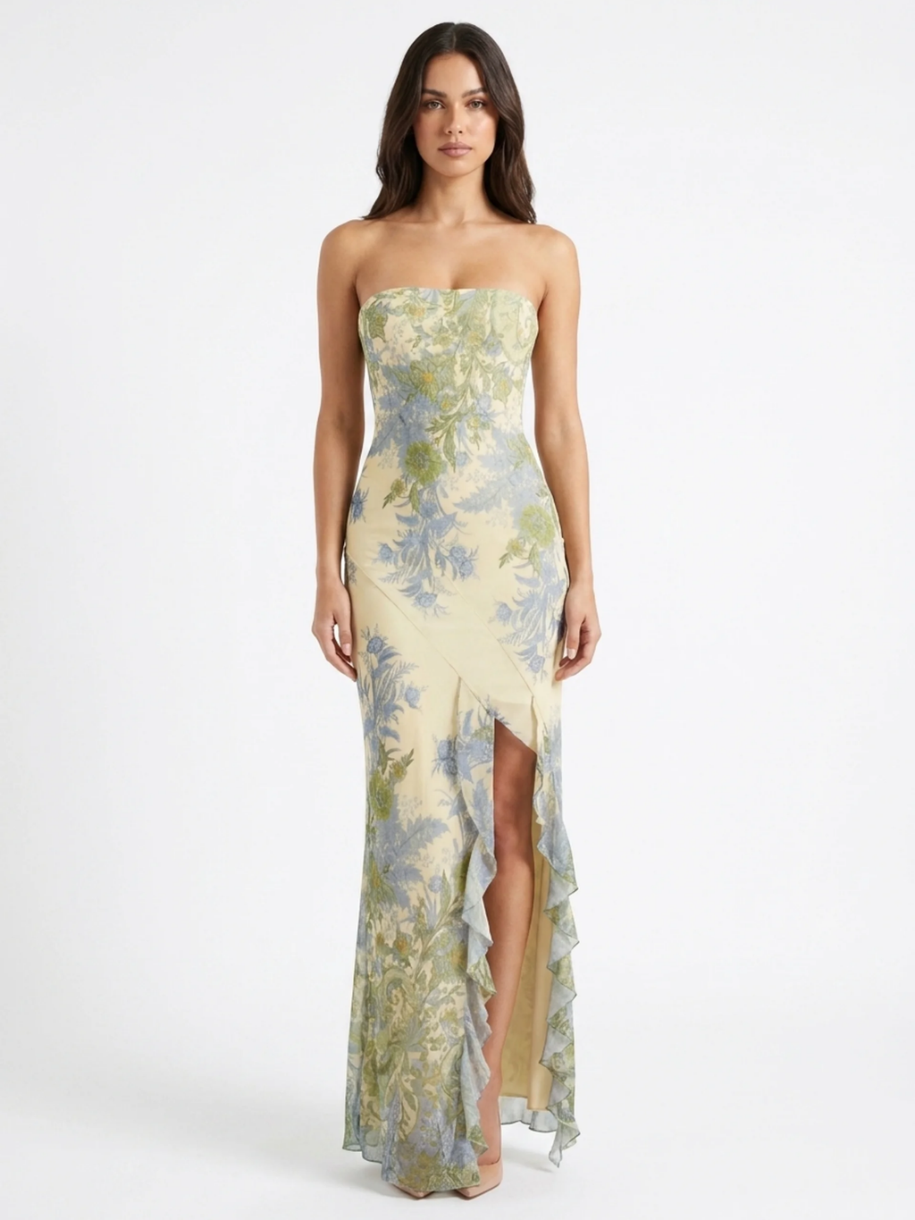 TALVI Women's Strapless Floral Mesh Maxi Dress with Split
