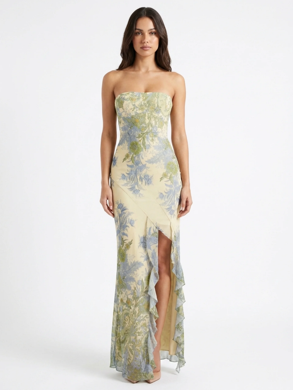 TALVI Women's Strapless Floral Mesh Maxi Dress with Split