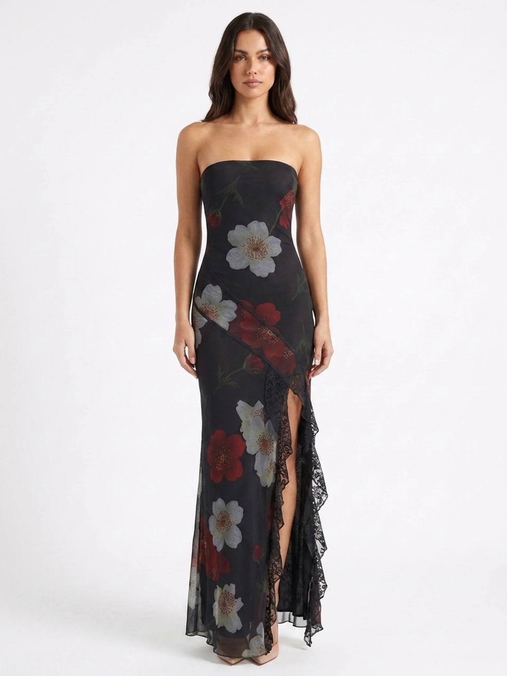 TALVI Women's Strapless Floral Mesh Maxi Dress with Split