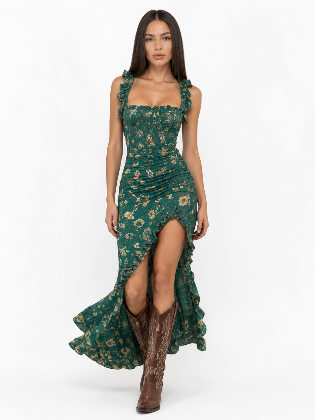 HESTIA Women's Floral Smocked Ruffle-Slit Maxi Dress