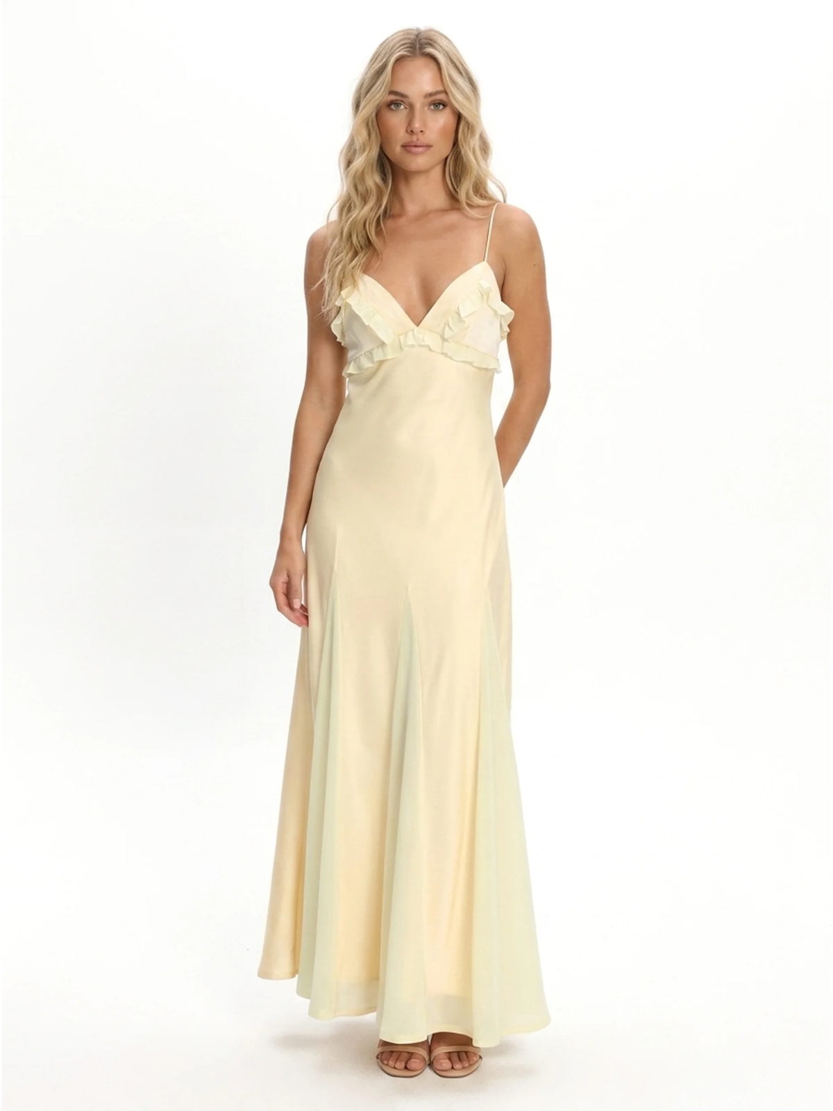 VESPERA Women's Frill-Trim V-Neck Godet Maxi Slip Dress