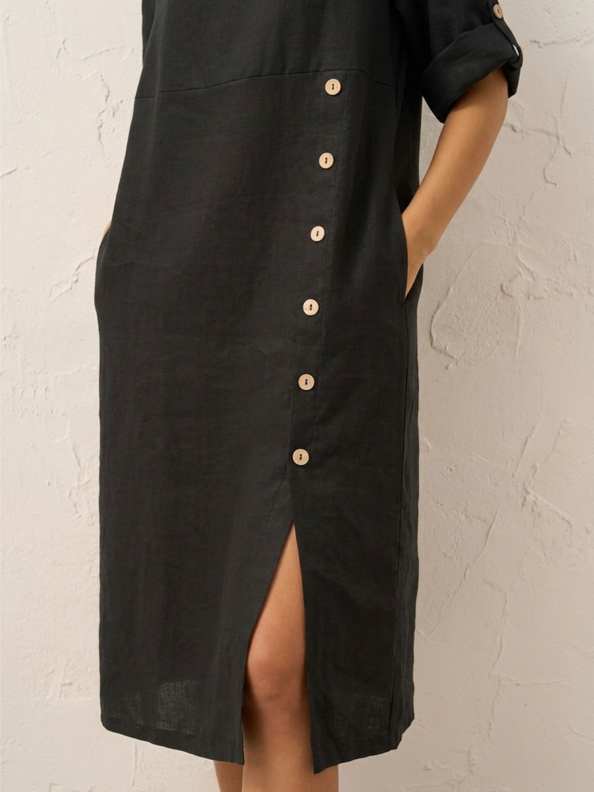 FENNIMORE Women's Linen Midi Dress with Button Detail and Roll-Tab Sleeves