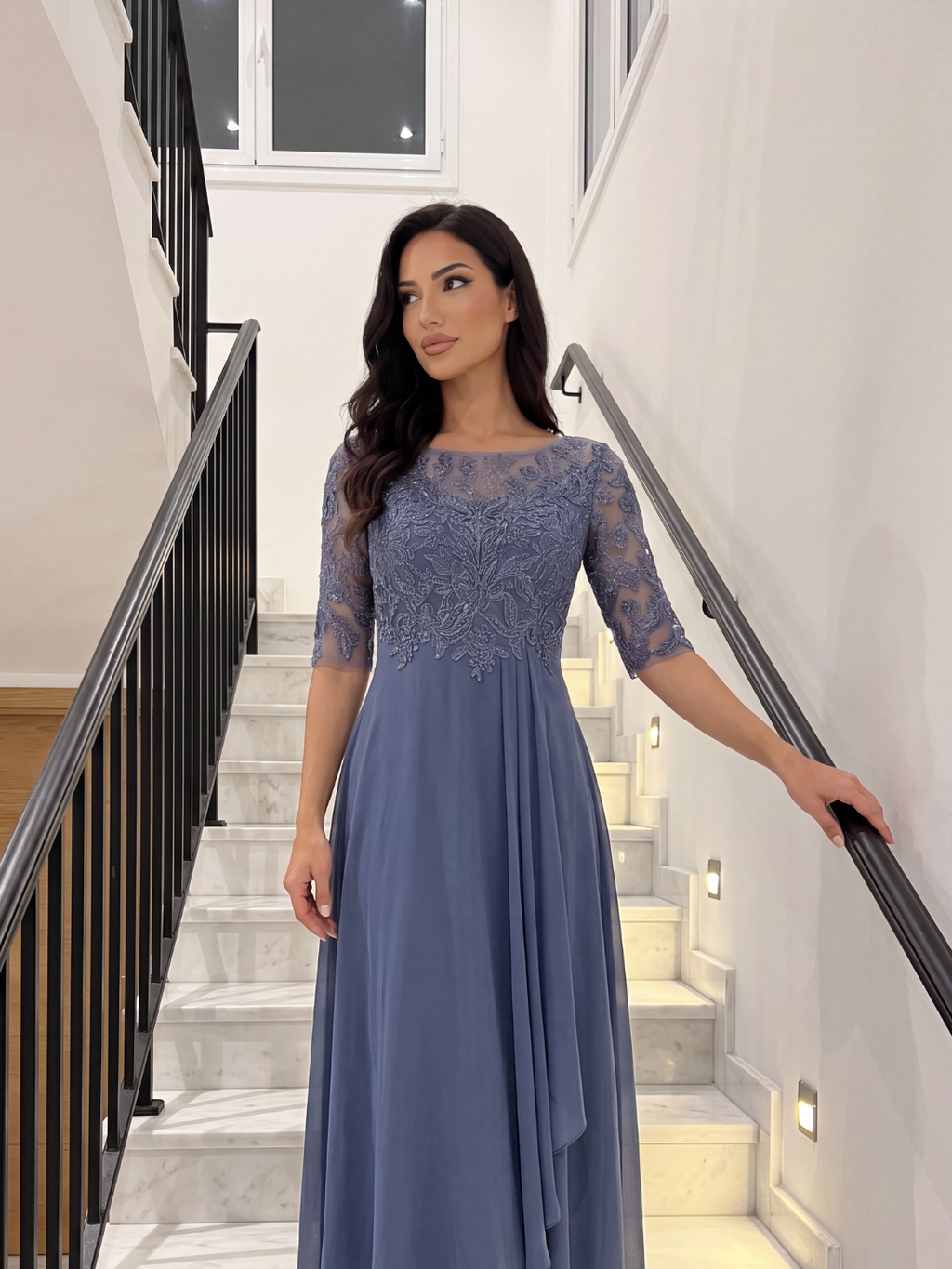 CELESTINA Women's Lace Bodice Chiffon Midi Dress
