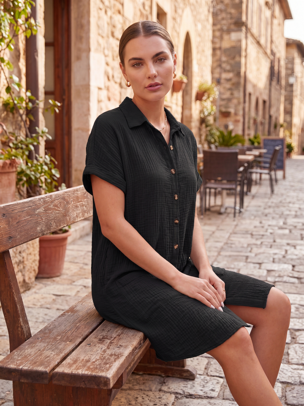 OONA Women's Short-Sleeve Linen Button-Down Shirt Dress with Pockets